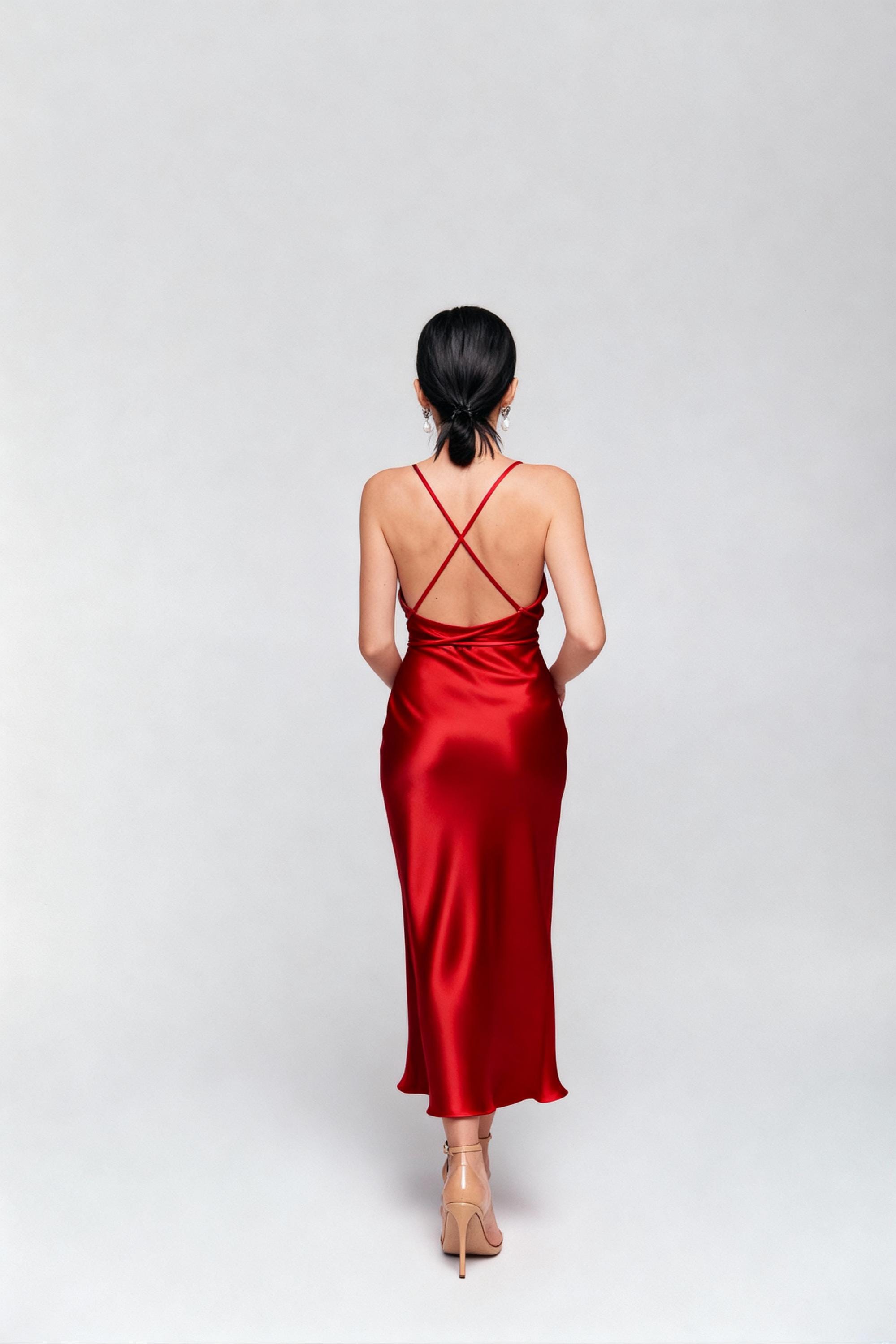 open lace back dress Esme Plunge Satin Maxi Dress - Red