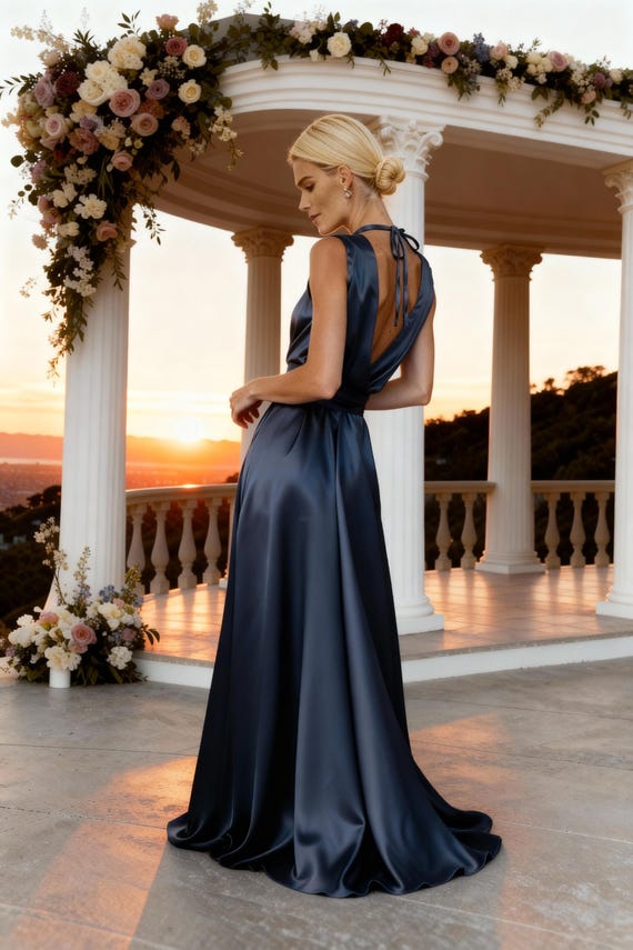 Charcoal Grey Silk Satin Wrap Maxi Dress for Bridesmaids, Elegant Backless Summer Gown