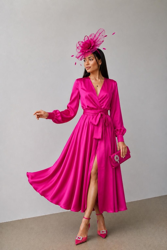 formal fuchsia dresses Pink Silk Satin Midi Wrap Dress, Elegant Long Sleeve Dress, Mother of the Bride & Groom Dress, Wedding Guest Dress Long