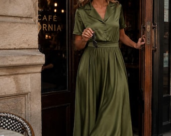Olive Green Elegant Silk Satin Wedding Guest Dress, Formal Midi Dress, Short Sleeve Cocktail Dress, Evening Party Dress for Women