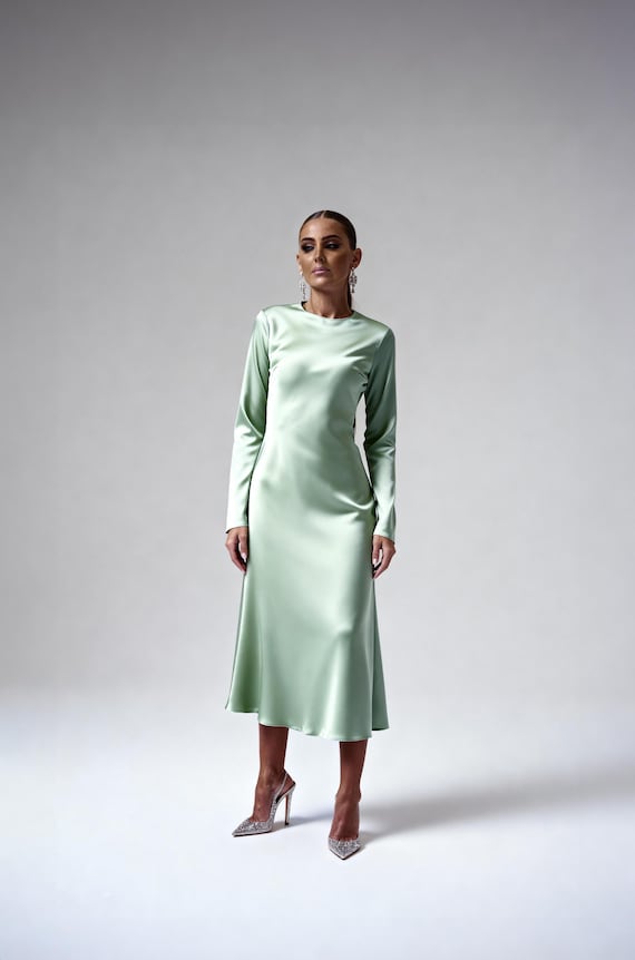 Sage Green Satin Midi Dress, Long Sleeve Elegant Evening Gown, Minimalist Wedding Guest Dress