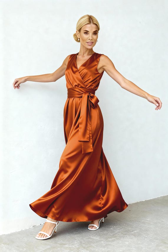 rust silk wrap dress Rust Silk Satin Wrap Maxi Dress for Bridesmaids, Elegant Backless Summer  Gown