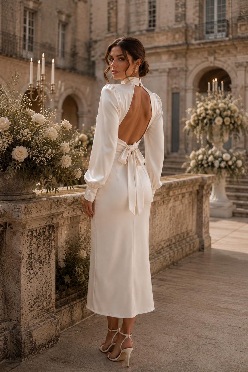 May include: A long-sleeved, ivory-colored midi dress featuring a high neckline, a large open back, and a fabric tie closure at the waist. The garment is made of a smooth, satin-like material with long sleeves that gather at the cuffs.