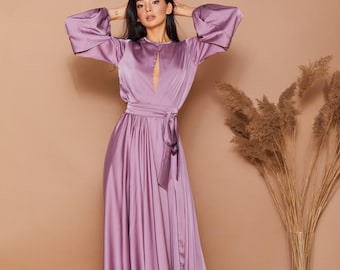 Mauve Silk Satin Long Sleeve Maxi Gown, Modest Wedding Guest Dress, Formal Evening Gown