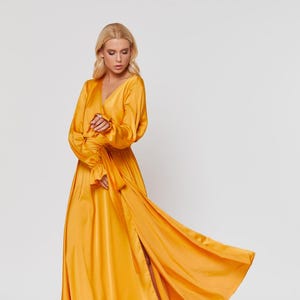 slim fit dress slacks Yellow Long Sleeves Luxury Appliques A-line Side-slit Organza Long Pro –  SposaBridal