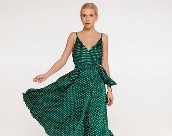 green emerald velvet dress Annika Plus Size Polka Dots Slip Dress– Hello Curve main image 1