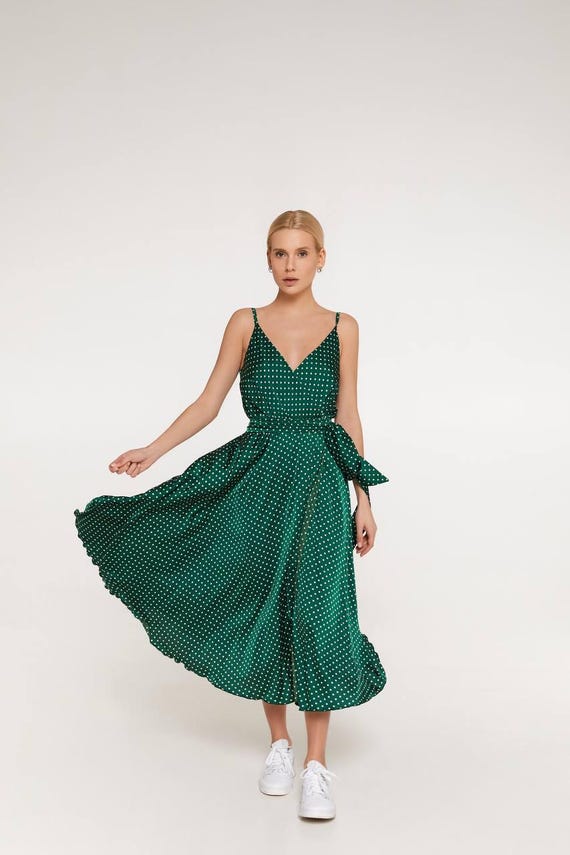 Emerald Green Silk Satin Polka Dot Dress, Sleeveless Summer Wedding Guest,  Elegant Cocktail Dress - Etsy