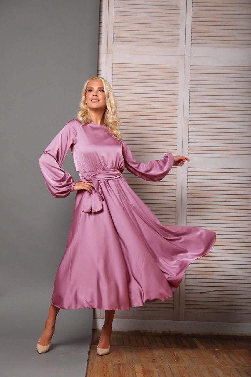 Dusty Pink Silk Satin Midi Dress, Long Sleeve A-line Formal Dress - Etsy