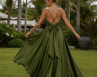 Olive Green Silk Satin Backless Bow Tie Maxi Dress, Elegant Floor Length Wedding Guest Dress,  Bridesmaid Dress, V-neck A-line Gown