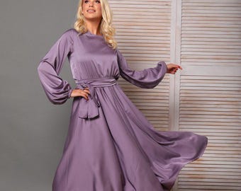 Mauve Silk Satin Midi Dress, Long Sleeve A-Line Wedding Guest Dress