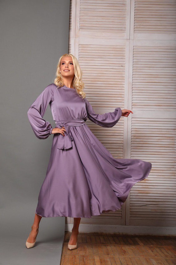 mauve midi dress wedding guest Mauve Silk Satin Midi Dress, Long Sleeve A-line Wedding Guest Dress