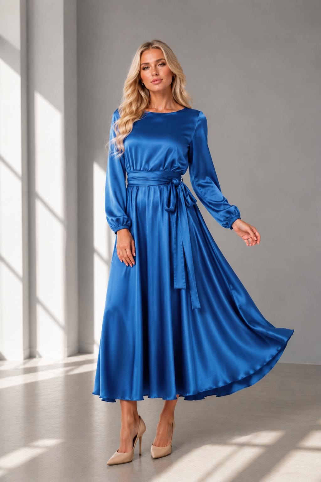 sapphire blue silk dress Satin Midi Dress, Long Sleeve A-line Cocktail Dress, Elegant Wedding Guest Dress, Modest Formal Party & Evening Exude sheer glamour in