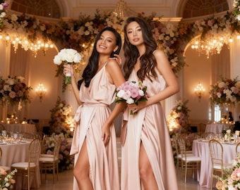 Champagne Satin Maxi Dress, Wrap Formal Evening Gown