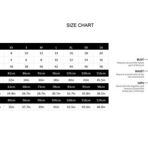 May include: A size chart with measurements in inches and centimeters. The chart includes UK, USA/CA, and EU sizes, along with bust, waist, and hip measurements. A diagram illustrates where to measure.