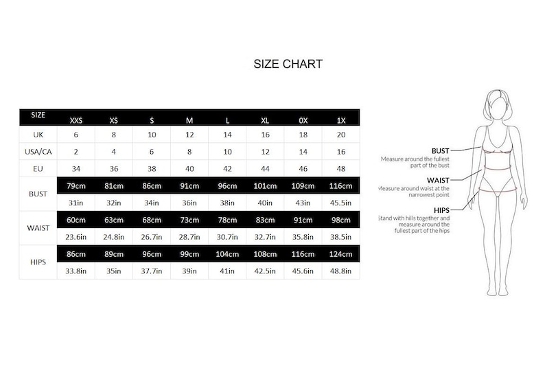 May include: A size chart with measurements in inches and centimeters. The chart includes UK, USA/CA, and EU sizes, along with bust, waist, and hip measurements. A diagram illustrates where to measure.