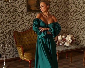 Emerald Green Silk Satin Midi Dress, Sweetheart Neckline, Puff Sleeve Wedding Guest Dress