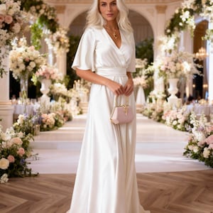 May include: A woman in a white satin wrap dress with short sleeves and a matching belt. She is holding a small pink purse with a gold chain. The background features floral arrangements and a chandelier, suggesting a wedding or formal event.