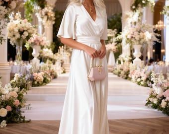 Elegant White Silk Satin Flutter Sleeve Wrap Wedding Gown, Simple Short Sleeve Boho Bridal Dress