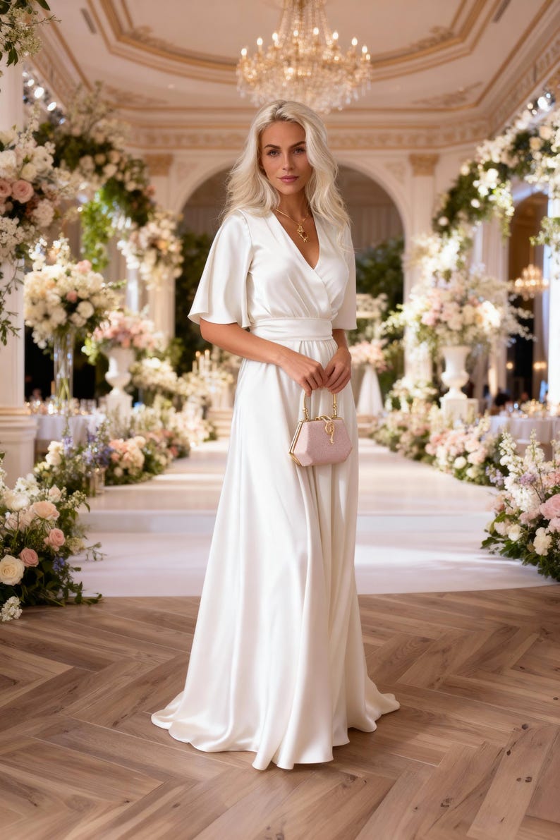 May include: A woman in a white satin wrap dress with short sleeves and a matching belt. She is holding a small pink purse with a gold chain. The background features floral arrangements and a chandelier, suggesting a wedding or formal event.