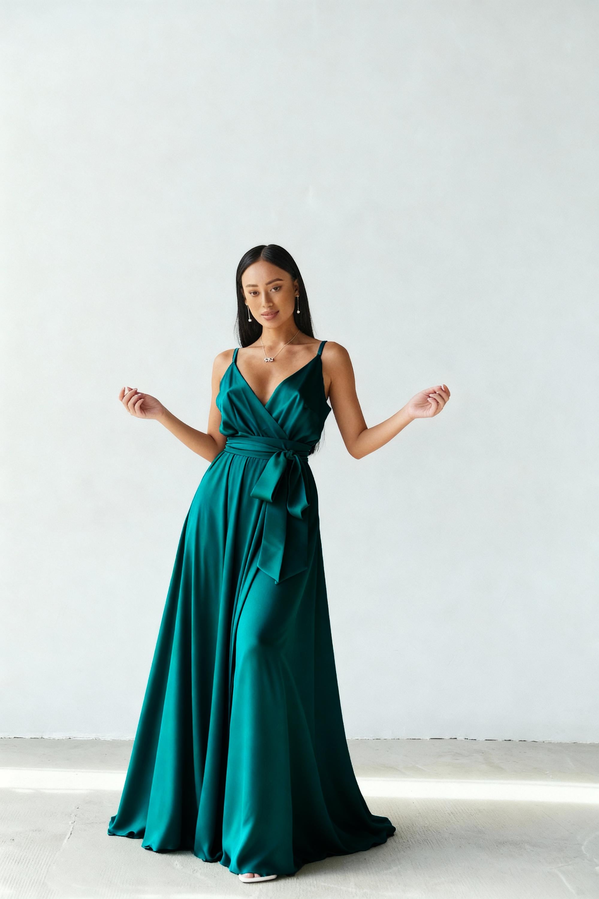 Jade Green Satin Maxi Dress, Wrap Formal Evening Gown