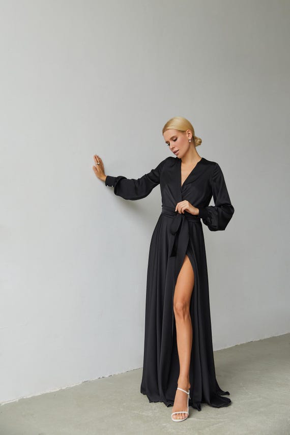 Black Silk Satin Maxi Dress, Long Sleeve Wrap Evening Gown
