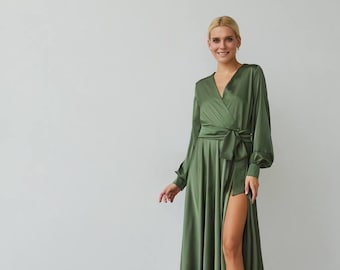 Olive Green Silk Satin Midi Dress: Elegant Wedding Guest Formal Gown