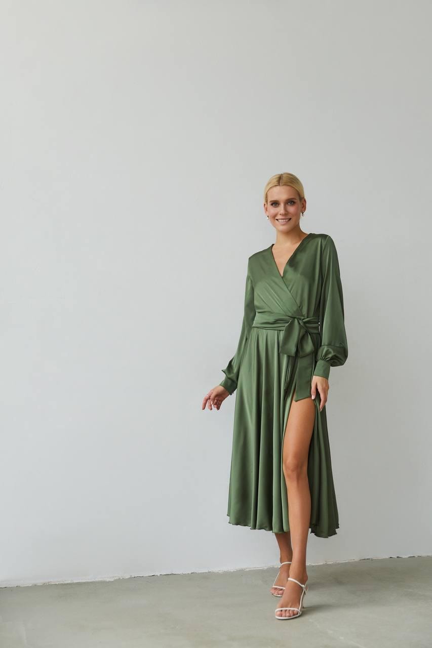 Dresses Olive Green Silk Satin Midi... - Etsy