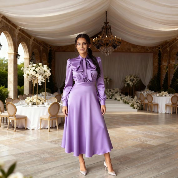 Lavender Silk Satin Midi Dress, Long Sleeve Bow Tie, Formal Occasion