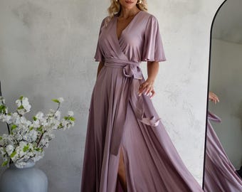 Fliederfarbenes Seiden Satin Maxikleid, Flatterärmel Wickelkleid