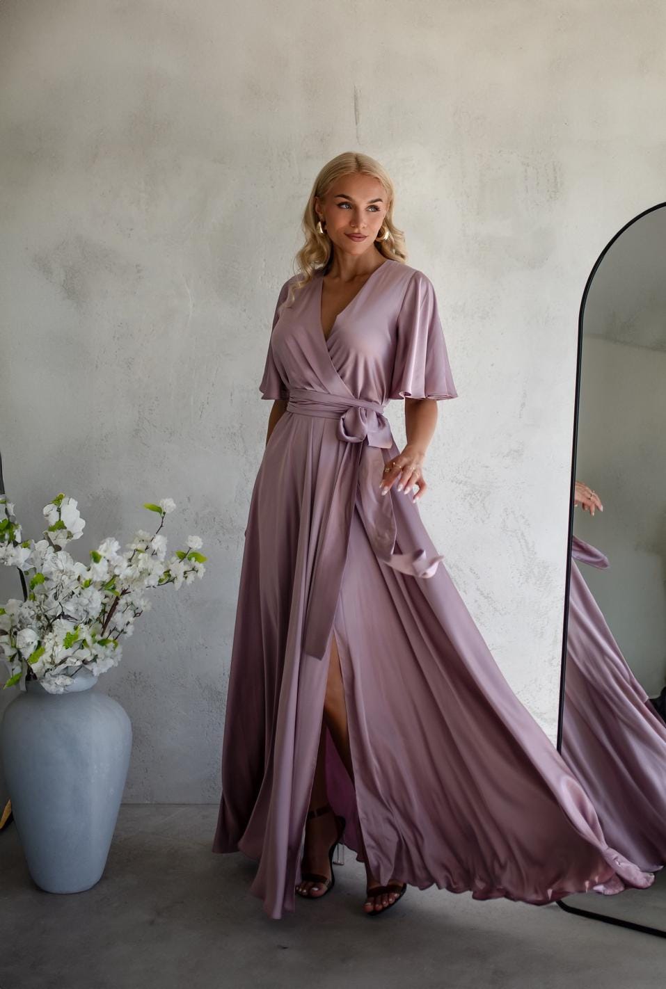 lilac maternity bridesmaid dress Margot Satin Wrap Bridesmaid Dress