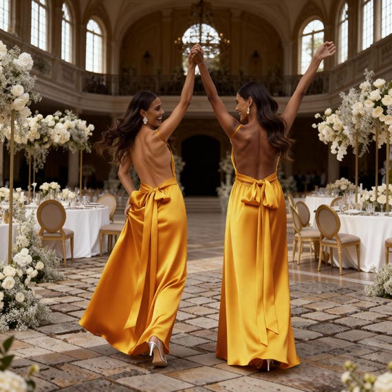 blue dress for baby girl Halter Neck Backless Yellow Satin Long Prom Dresses, Backless Yellow F –  Eip Collection main image 0