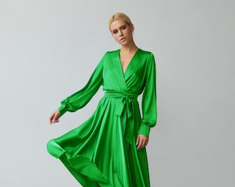 Bright Green Silk Satin Midi Dress: Elegant Long Sleeve Wedding Guest Dress