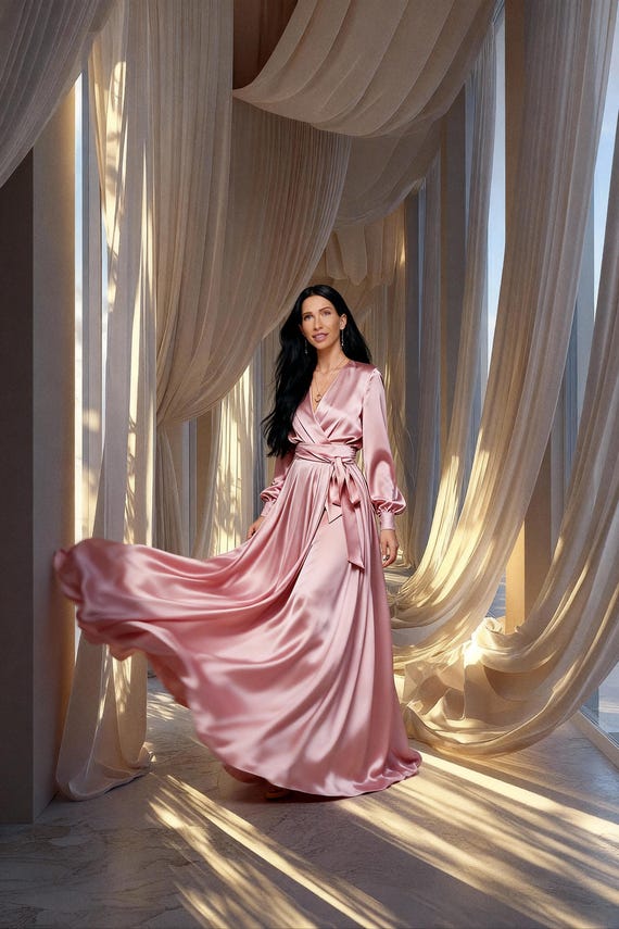 dusty pink satin wrap dress Sexy V-neck Dusty Rose Satin Prom Dresses with Pockets FD2271 – Viniodress