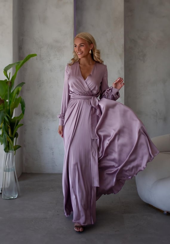 Lilac Silk Satin Wrap Maxi Gown, Long Sleeve Elegant Mother of Bride Dress