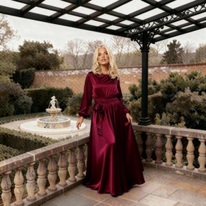 May include: A long, flowing burgundy dress with long sleeves and a tied waist. The dress is made of a shiny, satin-like material. The background includes a stone balustrade, a fountain, and a brick wall.