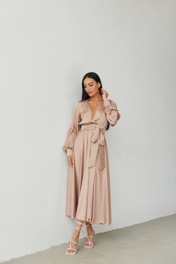 Champagne Polka Dot Midi Dress  Long Sleeve Formal Party & Wedding Guest  Dress - Etsy Israel
