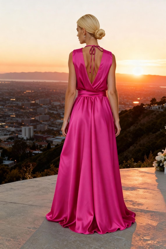 Fuchsia Pink Silk Satin Wrap Maxi Dress for Bridesmaids, Elegant Backless  Summer Gown - Etsy Israel