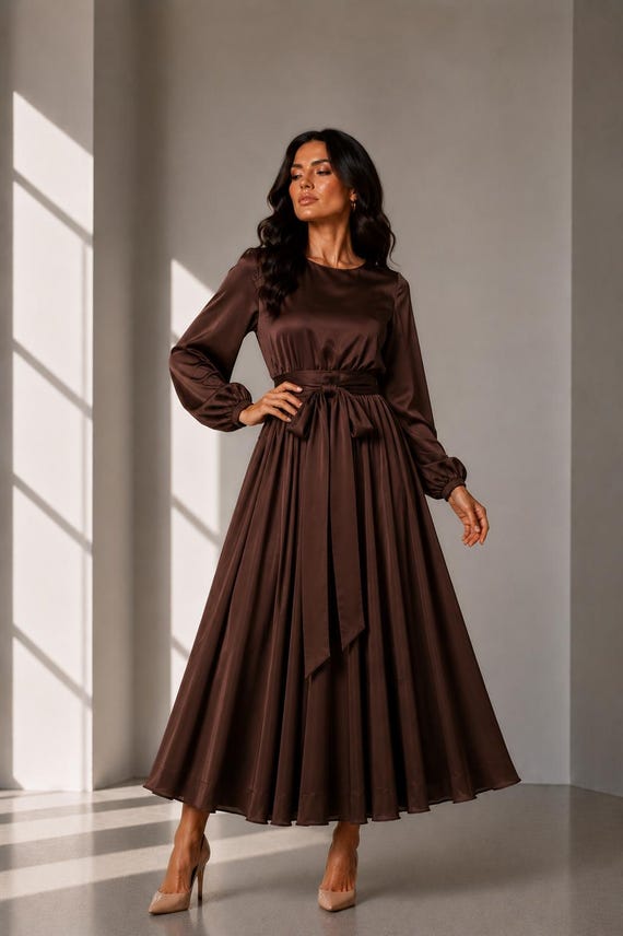 midi chocolate brown party dresses Silk Satin Dress, Long Sleeve A-line Cocktail Dress, Elegant Wedding Guest Dress, Modest Formal & Evening Dress Smoky Blue Amazing Makeup Tips When Size:LT it ensures breathability and