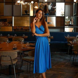 Sapphire Blue Silk Satin Sleeveless Midi Dress - Bridesmaid Dress, Wedding Guest Dress, Elegant Formal Midi Dress, Elegant Occasion Dress
