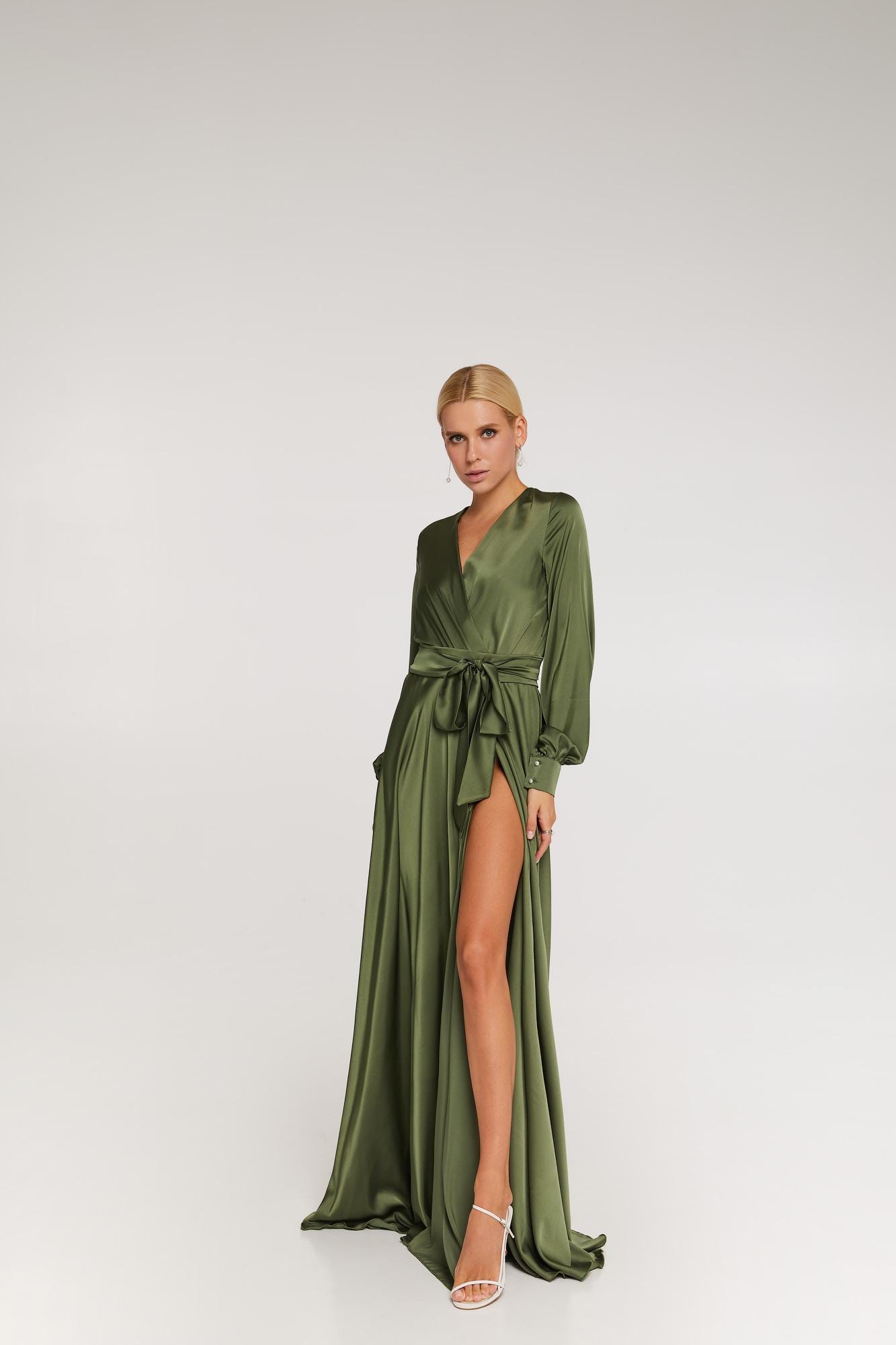 olive green satin wrap dress Khaki Green Silk Blend Mini Wrap Dress, Bishop Sleeves