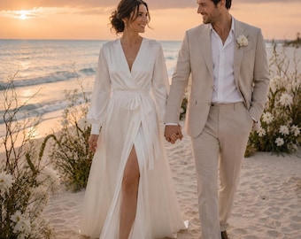 White Silk Wrap Wedding Dress, Long Sleeve Bridal Gown, Minimalist Beach Boho Wedding Dress, Simple Reception Dress