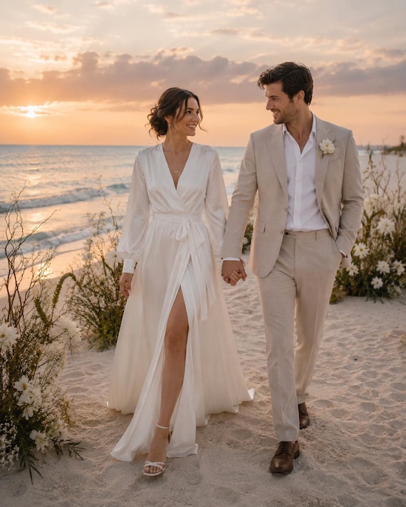 White Silk Wrap Wedding Dress, Long Sleeve Bridal Gown, Minimalist Beach Boho Wedding Dress, Simple Reception Dress
