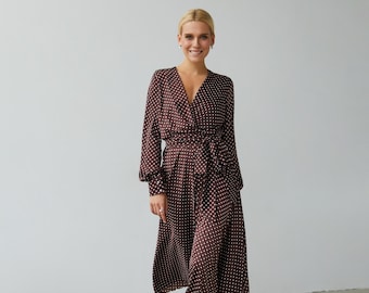 Vestido midi marrón de lunares: manga larga, para fiestas formales e invitadas de boda