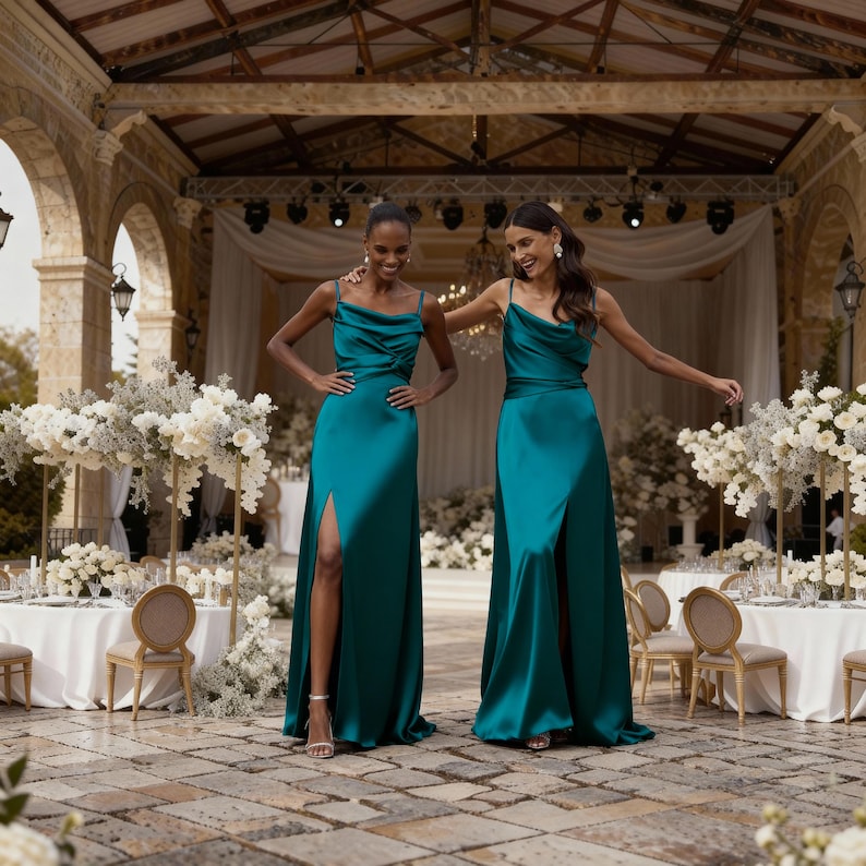 K&ouml;nnte beinhalten: Zwei Frauen in teal-farbenen, bodenlangen Kleidern mit hohen Schlitzen und Wasserfallausschnitt. Die Kleider haben einen Satin-Glanz. Sie stehen in einer Au&szlig;enszene mit Blumenschmuck und Tischen.