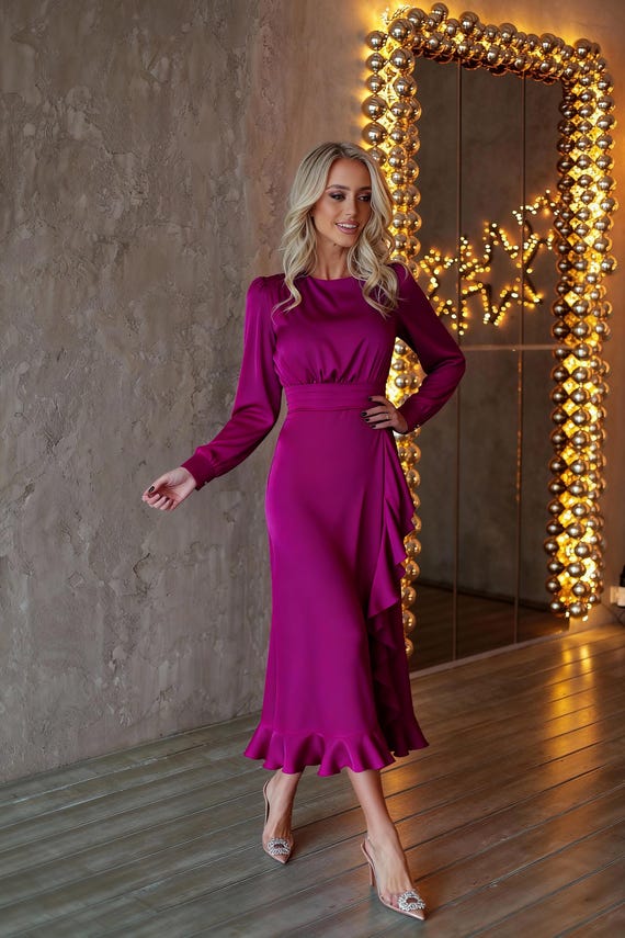 Magenta Pink Satin Ruffle Dress, Long Sleeve Maxi Gown, Elegant Wedding  Guest Dress - Etsy