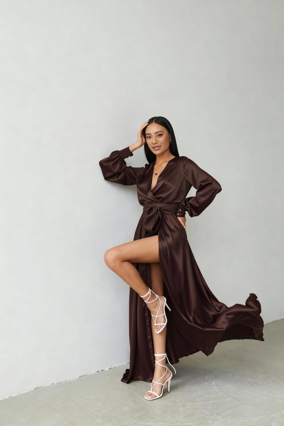 satin boho dress Royal Blue Silk Wrap Maxi Gown, A-line Long Sleeve Dress, Minimalist Wedding Guest Front Cut Out Bodycon upload-20250217 32 Waist Color:TEA