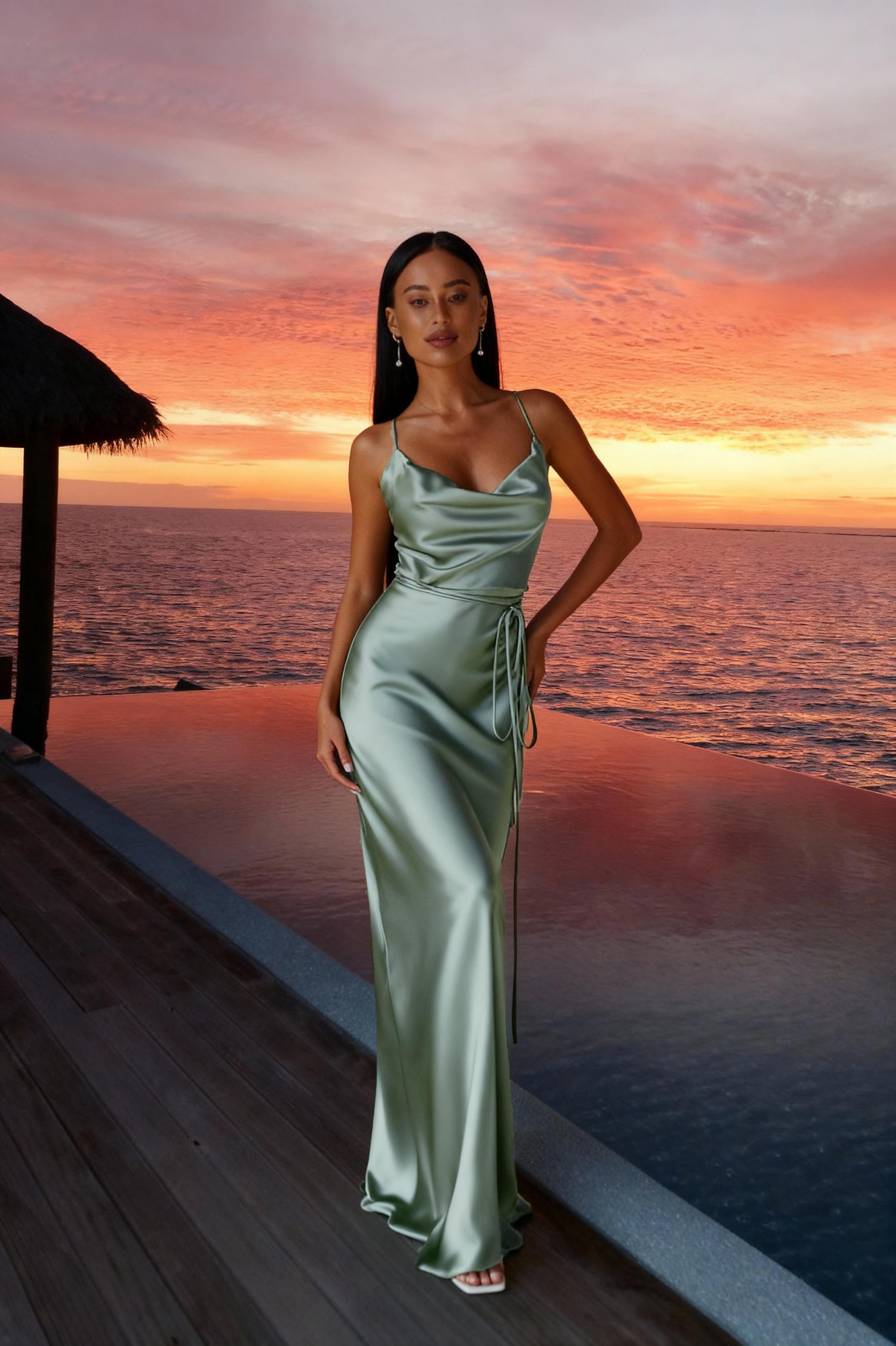 Champagne Satin Maxi Slip Dress, Backless Cowl Neck Gown