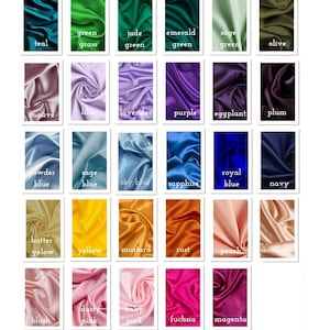 K&ouml;nnte beinhalten: Seidensatin-Farbtabelle mit Farbmustern in verschiedenen Farben, darunter Wei&szlig;, Schwarz und Schattierungen von Blau, Gr&uuml;n und Rosa. Der Text "SILK SATIN COLOUR CHART" ist enthalten.