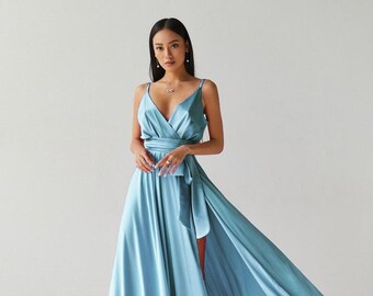 Light Blue Satin Maxi Dress: V-neck A-line, Side Slit - Etsy