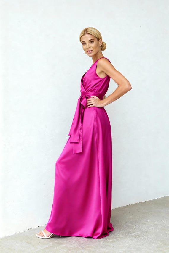 chinese dress ladies A Line Beaded Fuchsia Satin Long Prom Dress With Slit ,WP333 – winkbridal